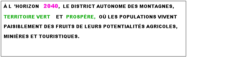 Zone de Texte: À L’HORIZON 2040, LE DISTRICT AUTONOME DES MONTAGNES, TERRITOIRE VERT ET PROSPÈRE, OÙ LES POPULATIONS VIVENT PAISIBLEMENT DES FRUITS DE LEURS POTENTIALITÉS AGRICOLES, MINIÈRES ET TOURISTIQUES.